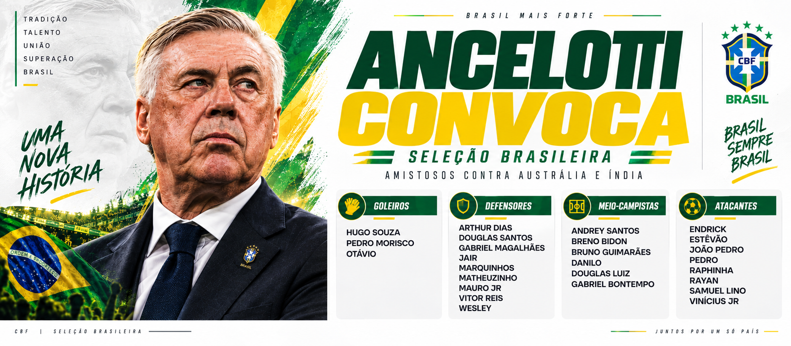 Rayan e Samuel Lino integram ataque do Brasil convocado por Ancelotti